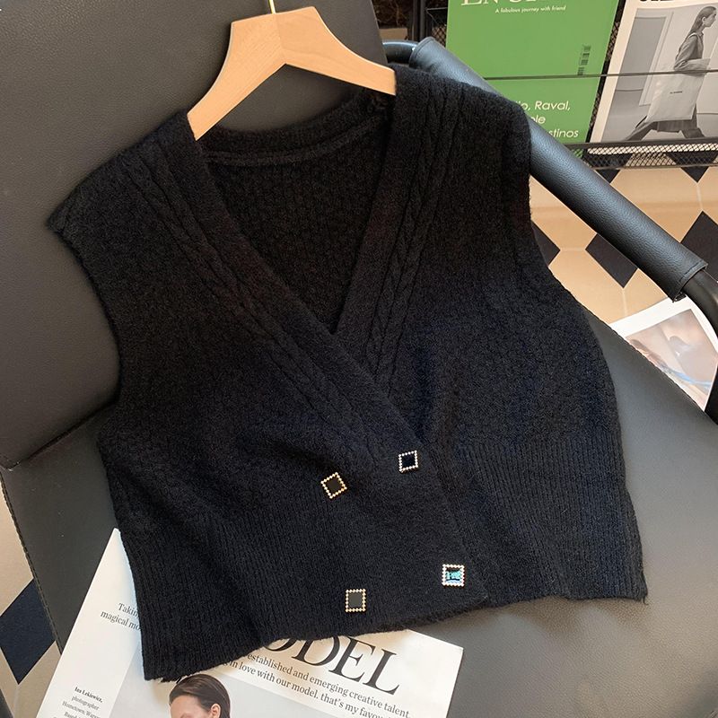 K V-neck Pullover Cardigan For Women; Sleeveless Coat In Solid Color, New Style, Korean Version, To Be Worn Outside_voghion.com