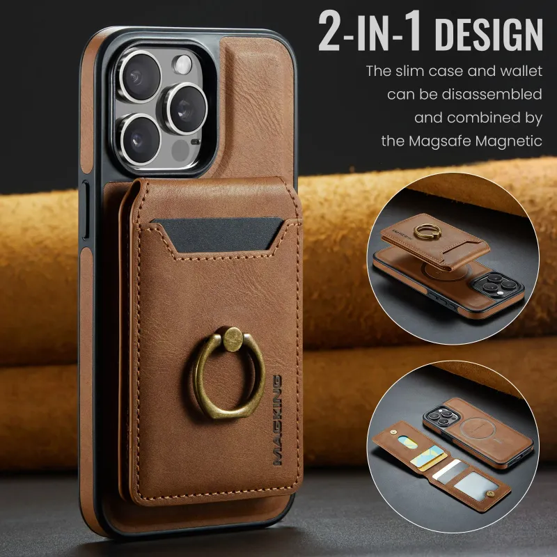Custodia a portafoglio con anello rimovibile in pelle 2 in 1 per iPhone 16 15 14 Pro Max Plus per ricarica wireless magnetica_voghion.com