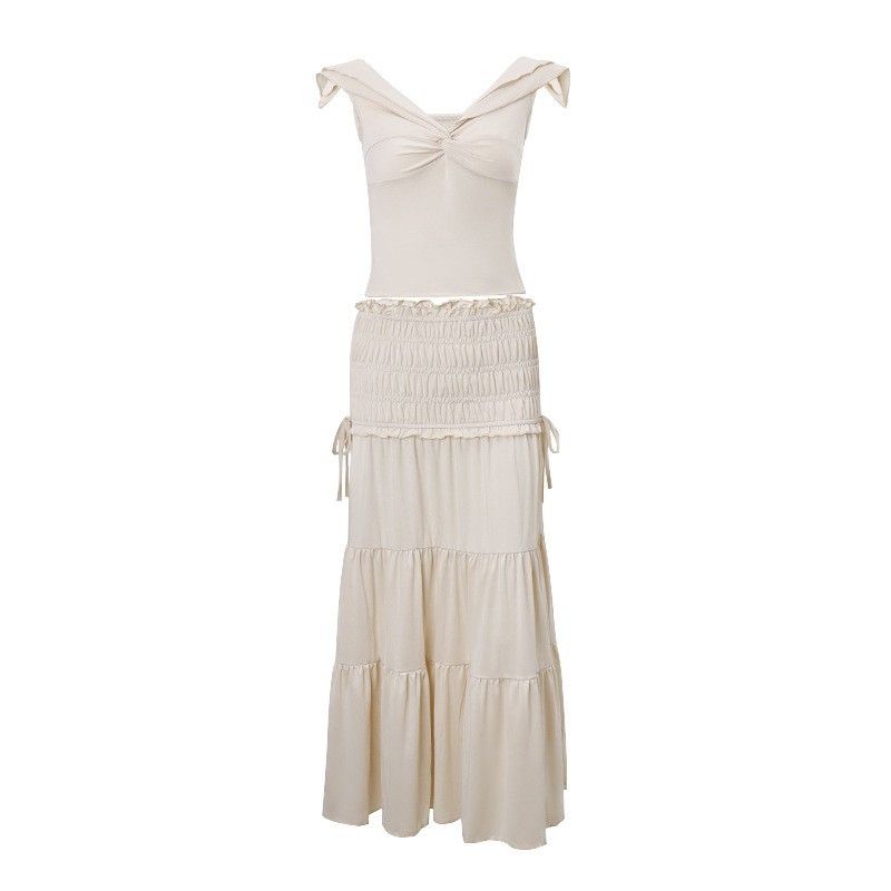 Elegant V-Neck French Style Slimming Top With Ruffled Hem & Sexy Midi Skirt Set – Trendy Women's Outfit_voghion.com