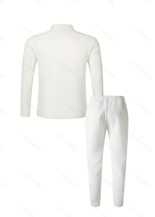Herren-Set aus Waffelstrick-Poloshirt und -Hose – einfarbiges, lässiges Outfit mit Stehkragen und langen Ärmeln | leichter Komfort für den Alltag_voghion.com
