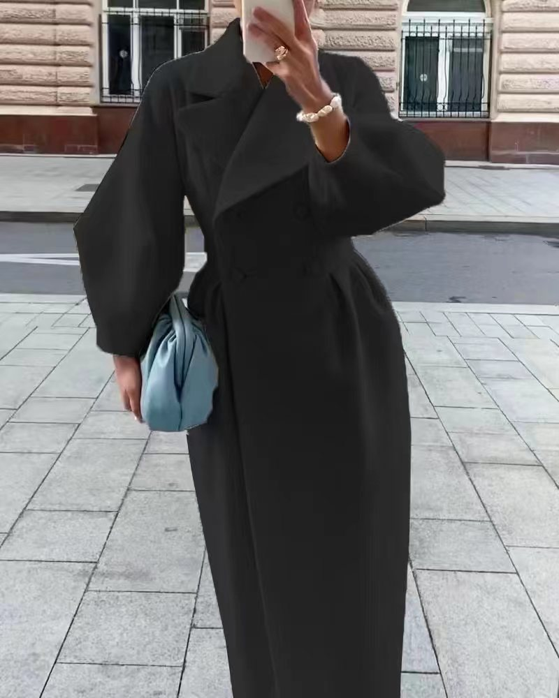 Manteau en laine pour femmes, coupe-vent intellectuel, poche, revers, couleur unie, manches lanternes, nouvelle collection hiver_voghion.com