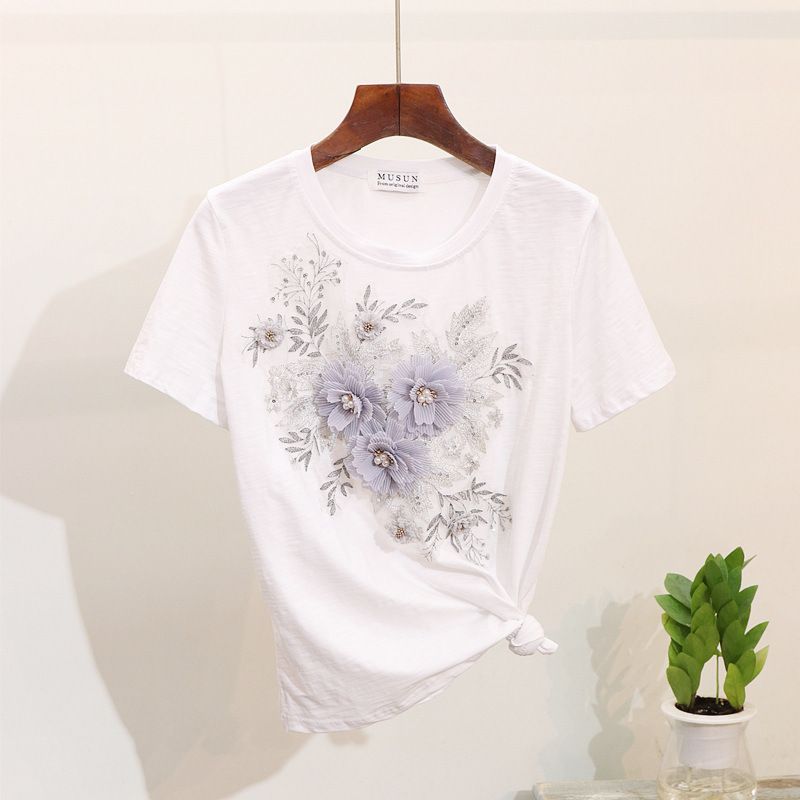 Denim Set Women's Summer 2025 New Beaded Embroidered 3D Flower Short Sleeved T-shirt+distressed Cropped Jeans_voghion.com