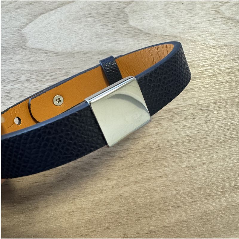 Unisex Genuine Simple Stainless Steel Smooth Surface Customizable Engraving Cowhide DIY Leather Bracelet_voghion.com