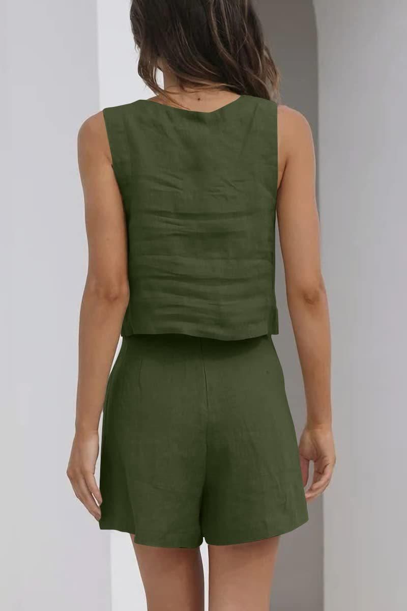Abito casual da donna in 2 pezzi, pantaloncini di lino, gilet senza maniche_voghion.com