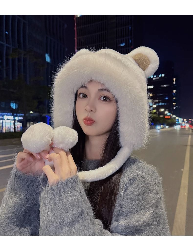 Wintermütze mit dicker und süßer Bärenmütze für Damen, warmes Radfahren, winddicht, Ohrenschutz, Plüsch-Zehenkappe_voghion.com