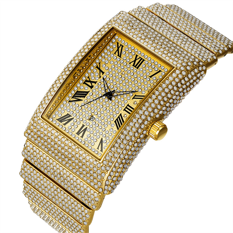 Men's Luxury Rhinestone Watch - Hip Hop Square Dial With Diamond Accents, Gold Tone Stainless Steel Band, Date Display, Quartz Movement_voghion.com
