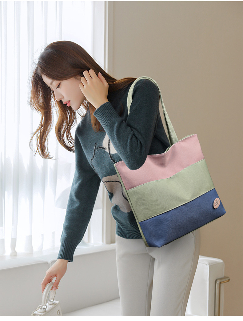Large-capacity canvas bag female 2022 new contrast color shoulder bag simple commuter handbag striped tote bag_voghion.com