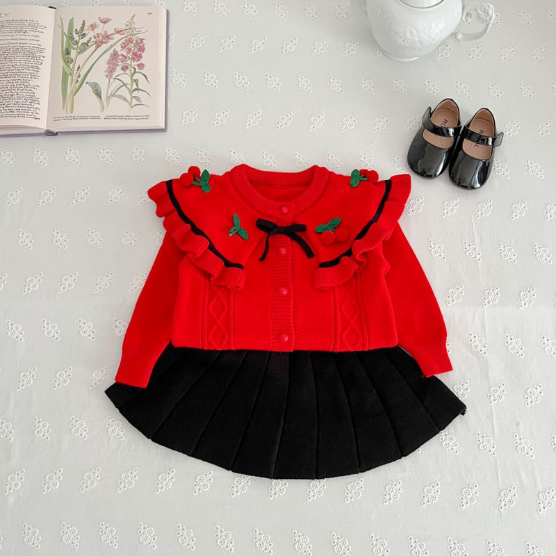 Pull tricoté pour filles, manteau, jupe courte, princesse, ensemble deux pièces cerise, nouvelle collection automne/hiver 2023_voghion.com