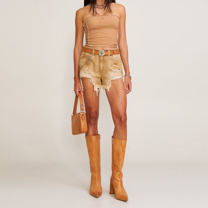Top corto bandeau vintage tejido a mano con efecto desgastado - Ropa urbana bohemia de mezclilla desgastada para mujer_voghion.com