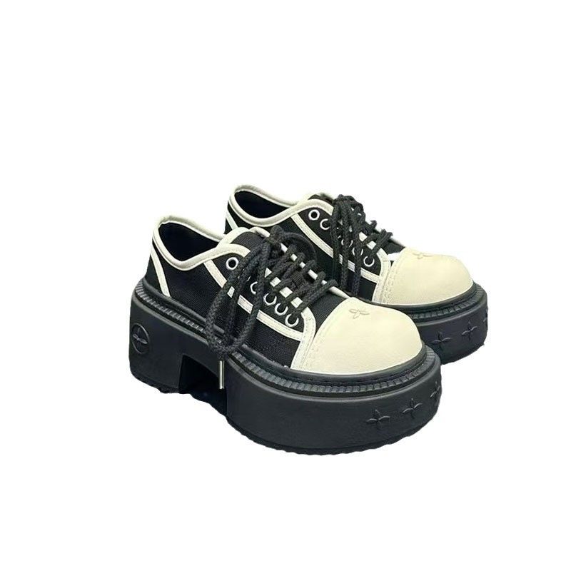 Su Yinyin 7 cm runde Zehenpartie aus Segeltuch für Damen SMFK Cross Dicke Sohle für kleine Menschen Panda Big Head Derby-Schuhe_voghion.com