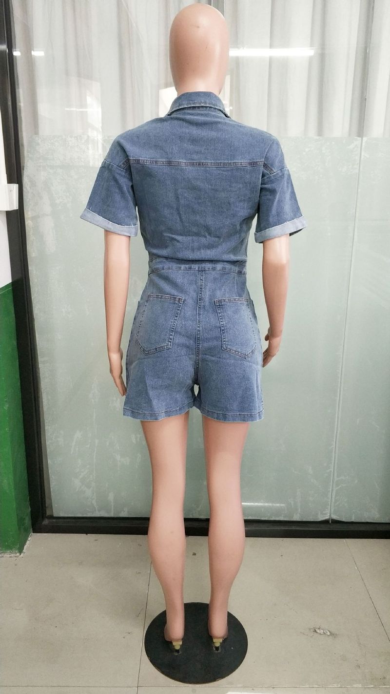 Salopetă din denim spălat, cu mânecă scurtă și elastică, lejeră, pentru femei_voghion.com