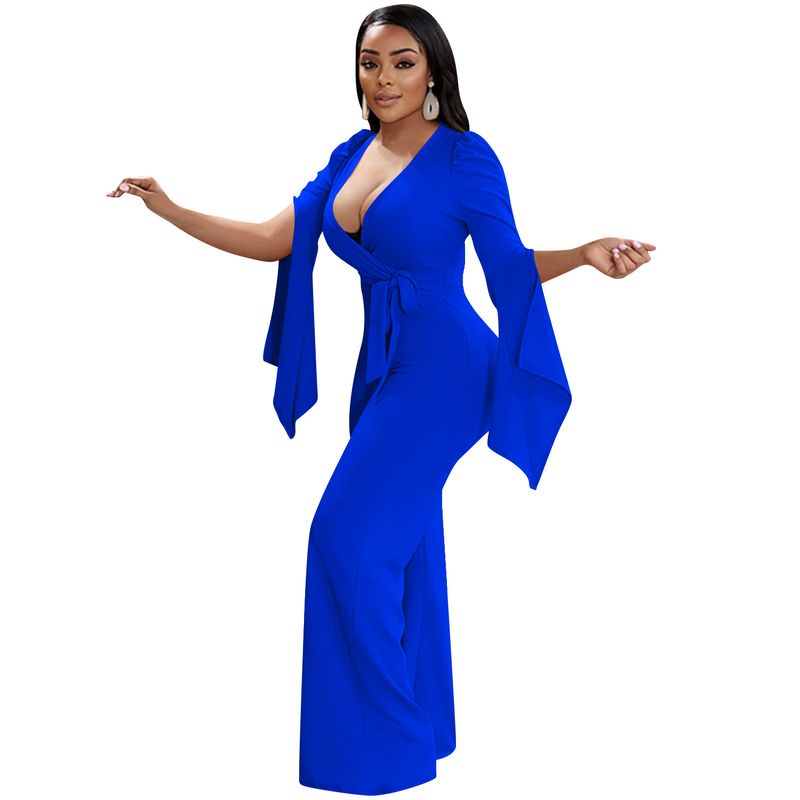 Dametøj nyt produkt ensfarvet sexet dyb V-rem plisseret brede ærmer lange bukser jumpsuit til kvinder_voghion.com