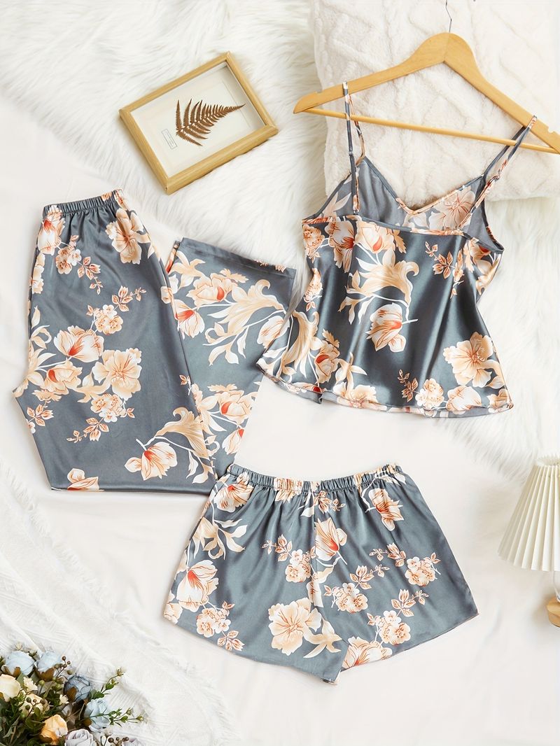 Neu Satin Dünne Drei-Stück Gedruckt Pyjamas Shorts Hosen Langarm Set frauen Homewear_voghion.com