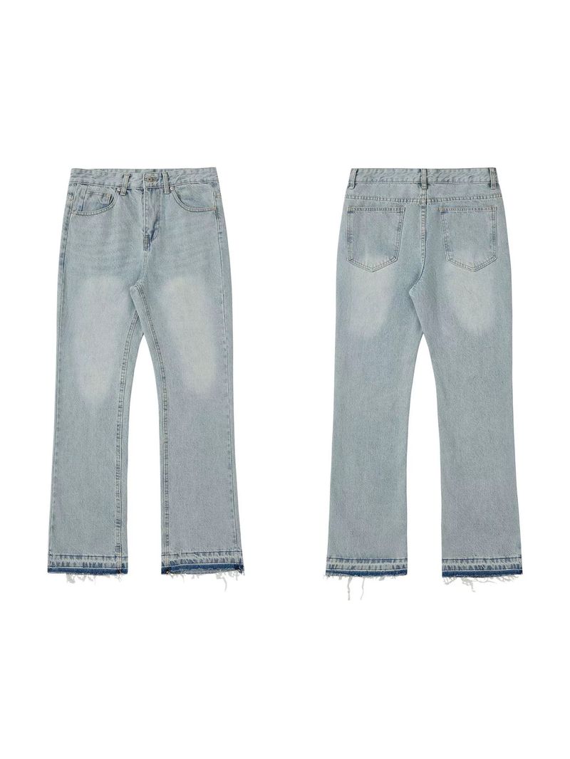 Smoke Gray Tassel Version Retro Vintage Jeans Distressed Gray Fringe Hem, Relaxed Straight Fit AestheticComfort Stretch Denim Jeans_voghion.com