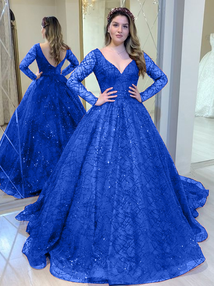 Blaues Hochzeitskleid, Herbst und Winter, neues langärmeliges, perlenbesetztes Pailletten-Vollrock, sexy Bankettkleid mit V-Ausschnitt_voghion.com