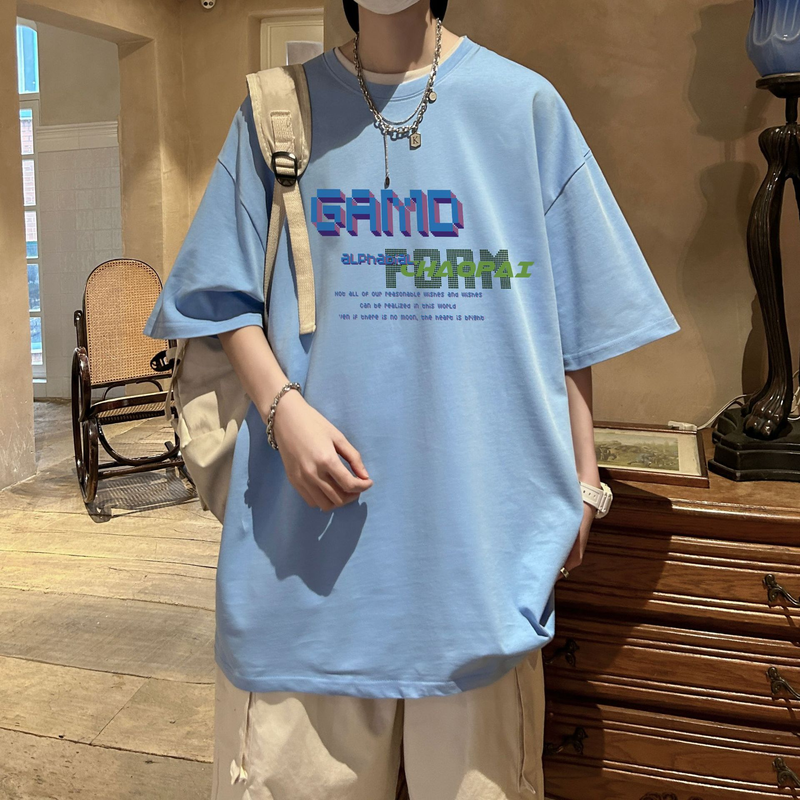 T-shirt stagionale personalizzata in puro cotone a maniche corte da uomo con stampa di lettere a cinque maniche e mezzo, casual e alla moda, personalizzata in stile Hong Kong_voghion.com