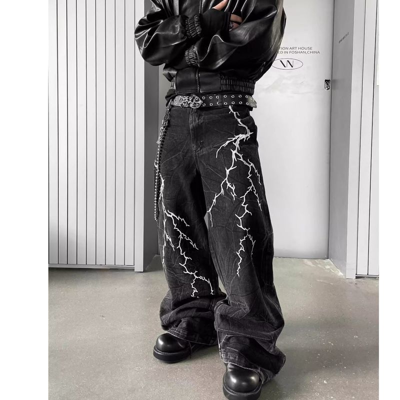 Herrenbekleidung Nische gewaschene Jeans mit Blitzmuster und Stickereien für Männer und Frauen High Street Hip Hop lockere gerade Freizeithose_voghion.com