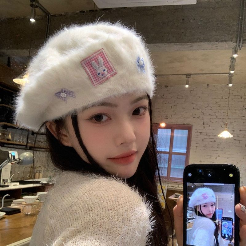 Korean Version Of Rabbit Hair Beret With Reverse Front Facing Hat, White Female Winter Big Head Circumference, Sweet And_voghion.com