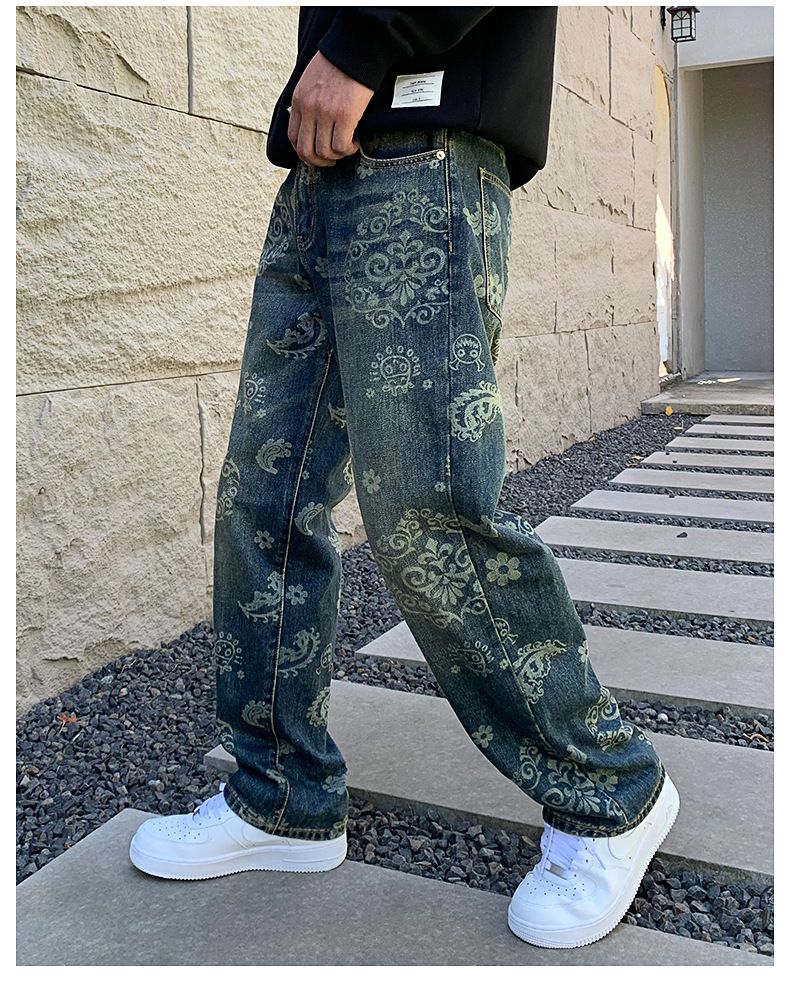 Men's Clothing Retro jeans men's fashion brand autumn and winter high street washed fashion print loose casual straight wide leg mopping trousers_voghion.com