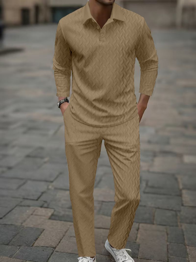 Breathable Jacquard Polo Set – Lapel Collar Summer Suit With Moisture-Wicking Trousers (Black/White/Gray/Army Green/Khaki/Navy, S-XXXL)_voghion.com