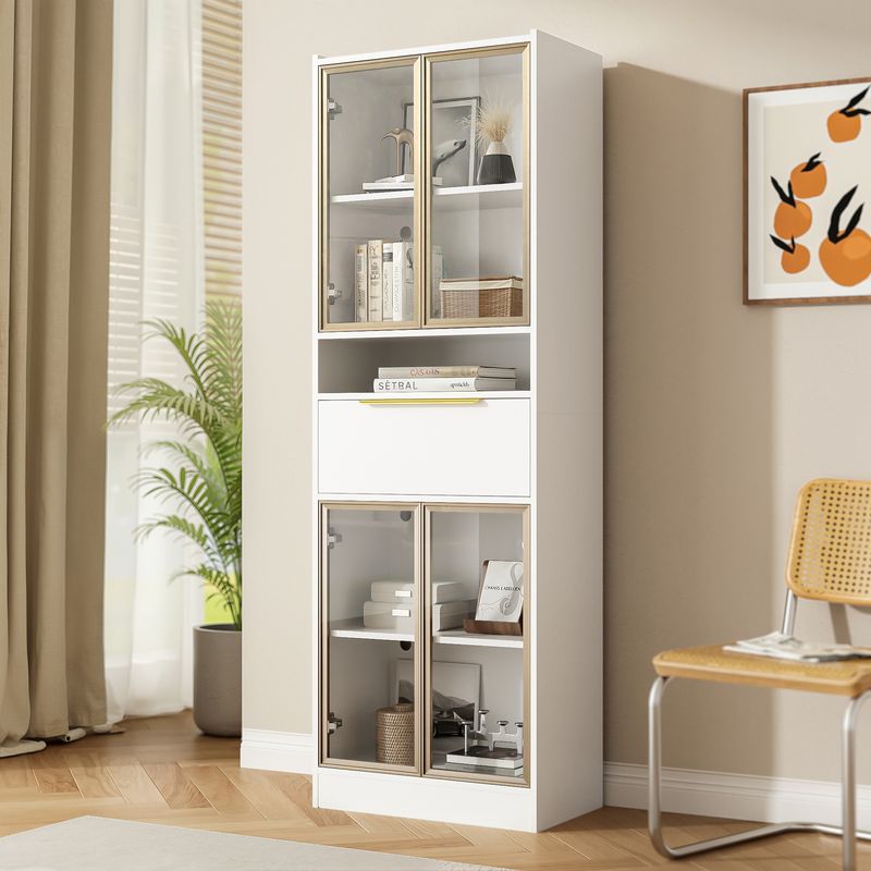 Meuble haut blanc moderne avec éclairage LED 16 couleurs et Bluetooth, 60 x 35 x 180 cm, vitrine avec tiroir et façade en verre, placard de rangement pour salon, chambre ou bureau, MDF et verre de sécurité._voghion.com