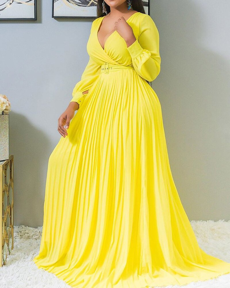 Vêtements pour femmes jaune taille haute slim couleur unie tempérament rétro mousseline de soie à manches longues robe longue_voghion.com