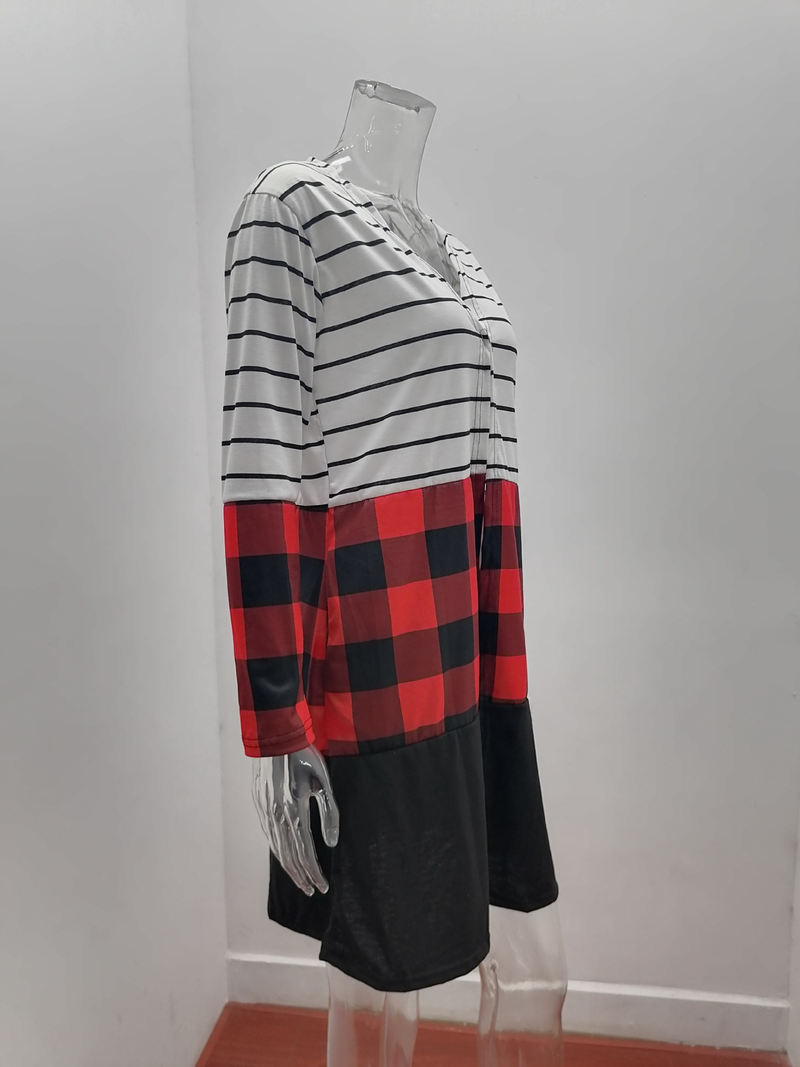 Women's Clothing Knitted Sweater Autumn and Winter New Stripes Contrast Color Splicing Plaid Casual Jacket_voghion.com