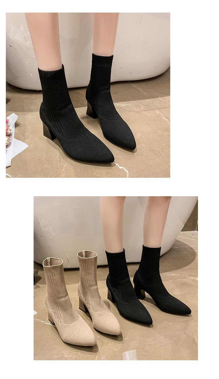2023 autunno e inverno nuovo stile volante intrecciato tacco spesso stivali corti calzini elastici a punta stivali alla moda tacco alto moda stivali singoli donne_voghion.com