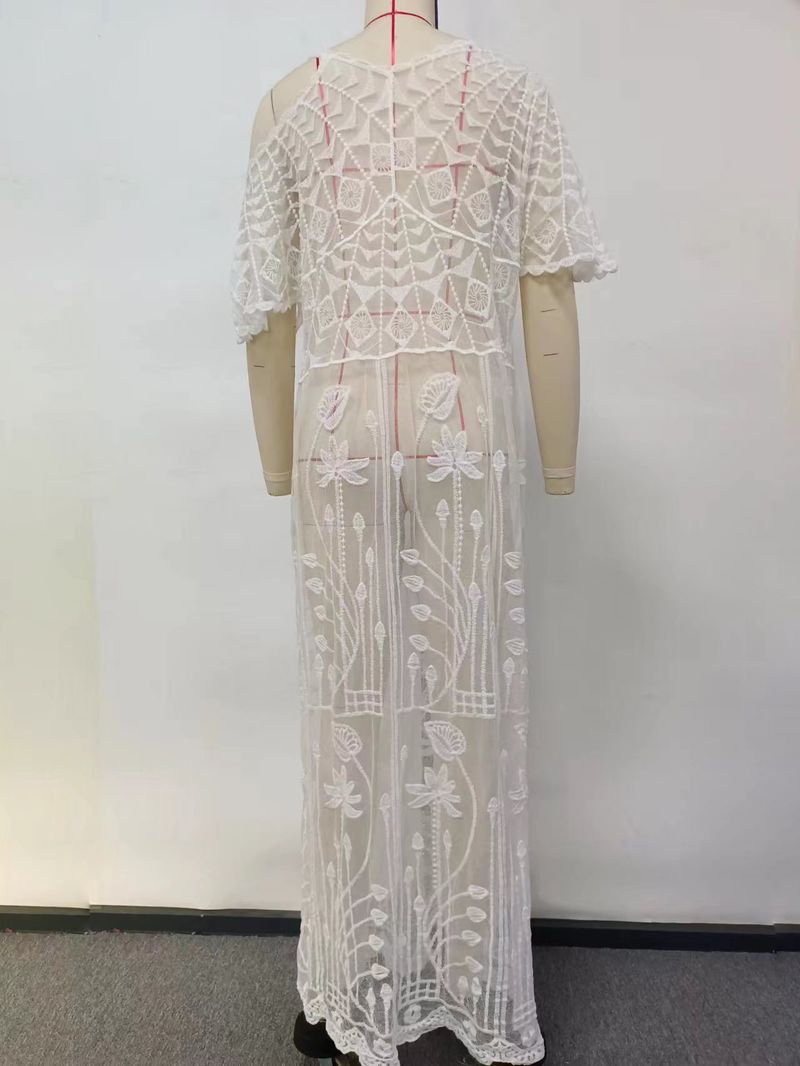 Lace Beach Cover-Up Dress – Floral Embroidery Maxi Dress (One Size, Sheer Mesh, Bikini Wrap, Resort Wear, Bohemian Chic, Swimwear Cover)_voghion.com