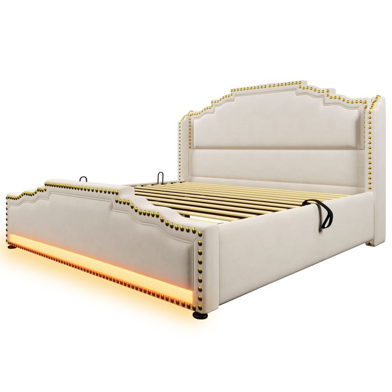 Lit Queen Size rembourré 140 x 200 cm avec coffre hydraulique, éclairage LED et port de charge USB-C, cadre de lit plateforme en velours avec sommier à lattes, beige, sans matelas_voghion.com