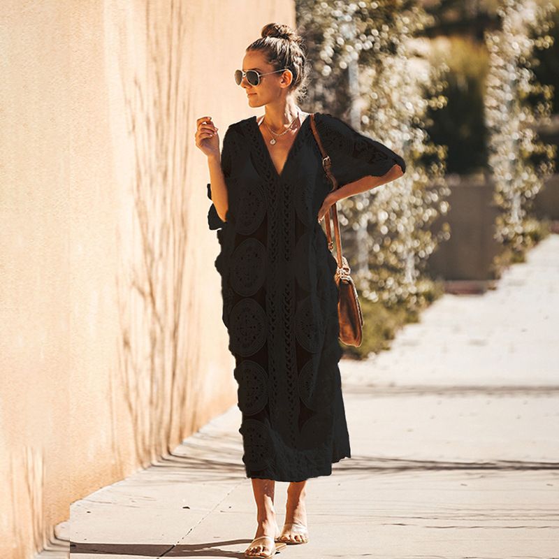 Beach Cover-Up Dress – 100% Cotton Crochet Bikini Wrap, Lightweight 220GSM, Flowing Longline Design (One Size, White/Black/Black-White)_voghion.com