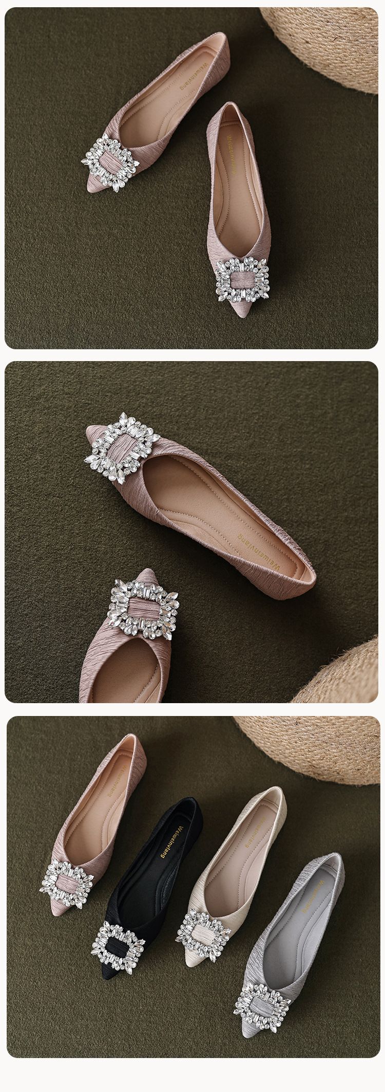 pointed Single Shoes Women's Flat Bottom Shallow Mouth Beanie Shoes Rhinestone Soft Sole Large Size Women's Shoes_voghion.com