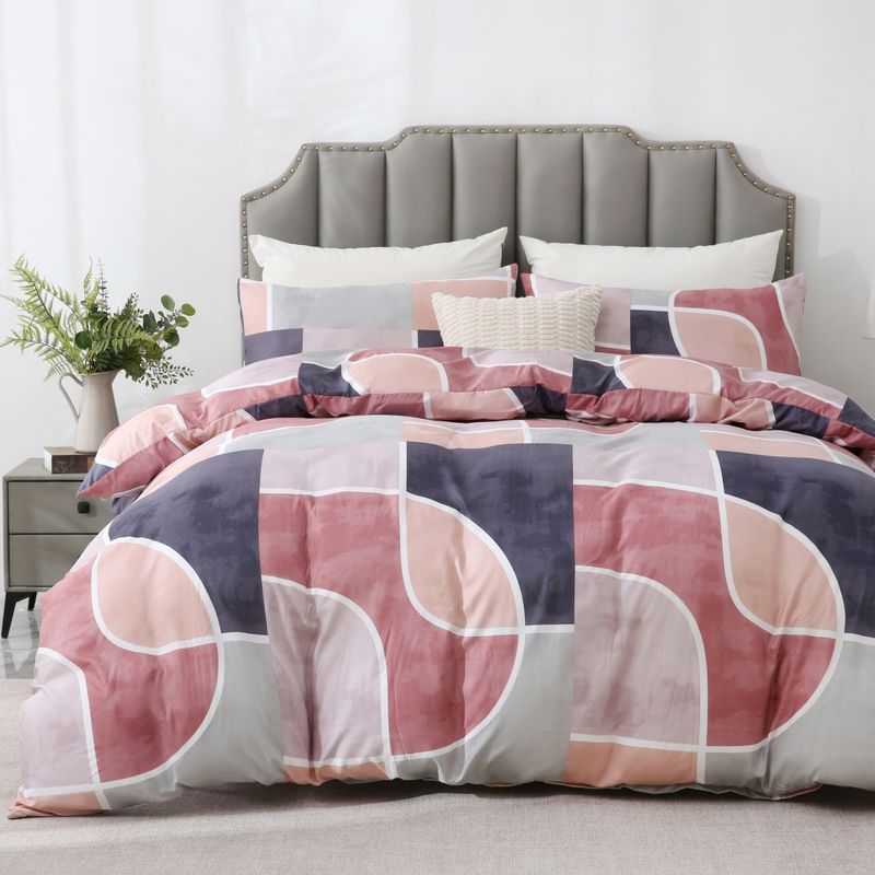 Miękki, różowy, geometryczny komplet pościeli w stylu boho, trzyczęściowy_voghion.com