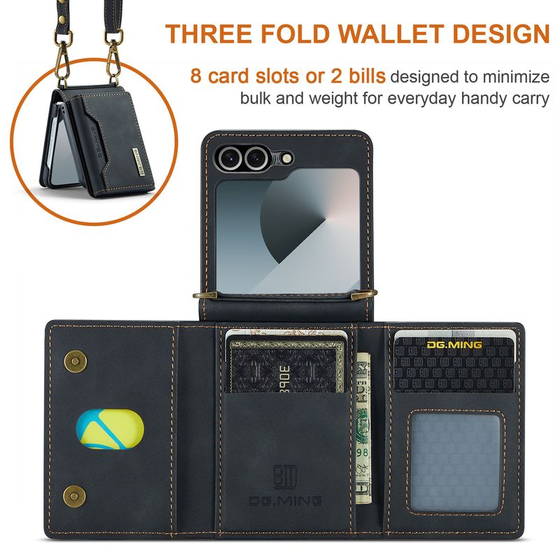 Custodia pieghevole M2 per Samsung Z Flip6 Custodia per telefono con portafoglio per carte Custodia protettiva in pelle con tracolla Z Flip6_voghion.com