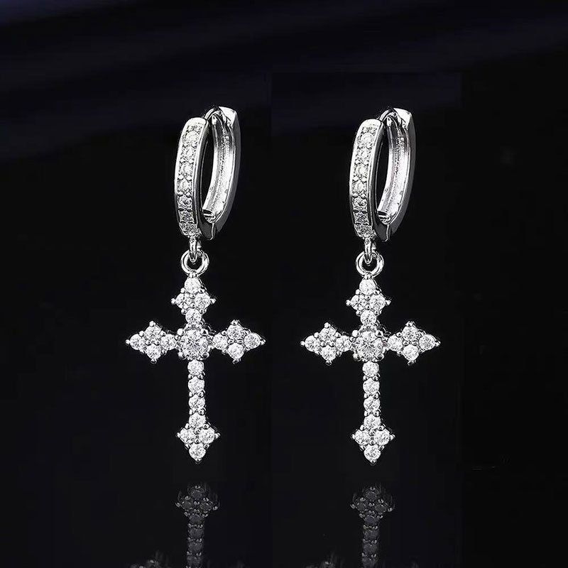 Orecchini a croce in zircone di alta qualità per uomo e donna, eleganti orecchini a clip con vite per donna._voghion.com