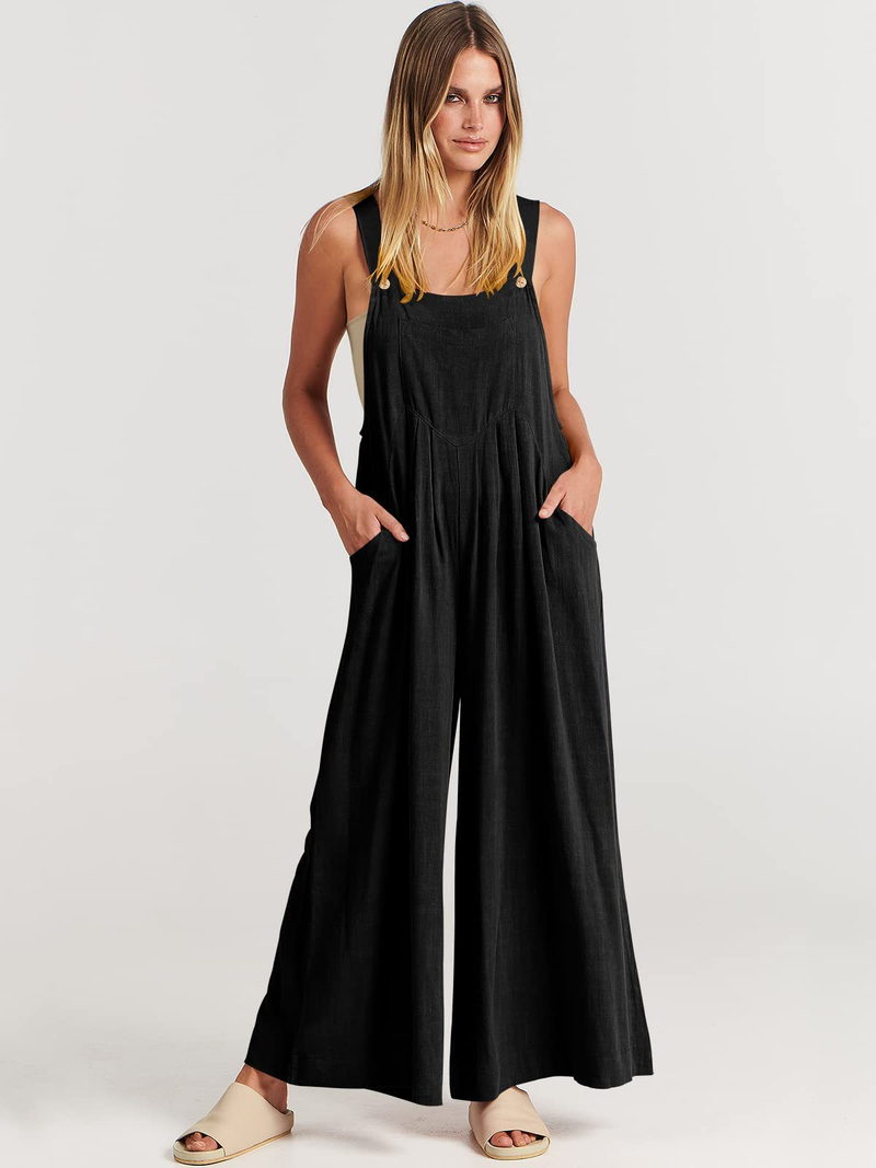 Women's clothing solid color loose casual cotton and linen overalls jumpsuit_voghion.com