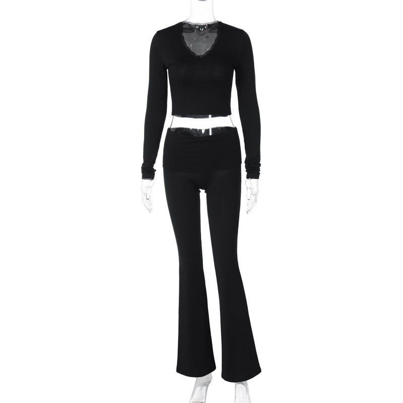 AYJ24T065--Women's High-End V-Neck Lace Crop Top Set Long Sleeve Sexy Pants_voghion.com