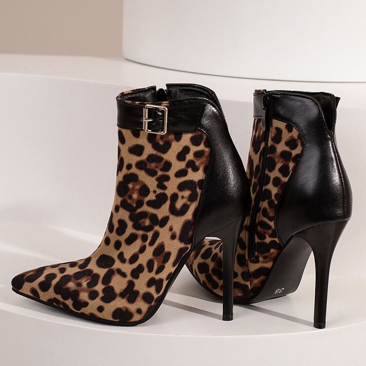 2022 European and American style pointed thin heel fashion women's boots leopard print short boots foreign trade large size color matching short boots_voghion.com