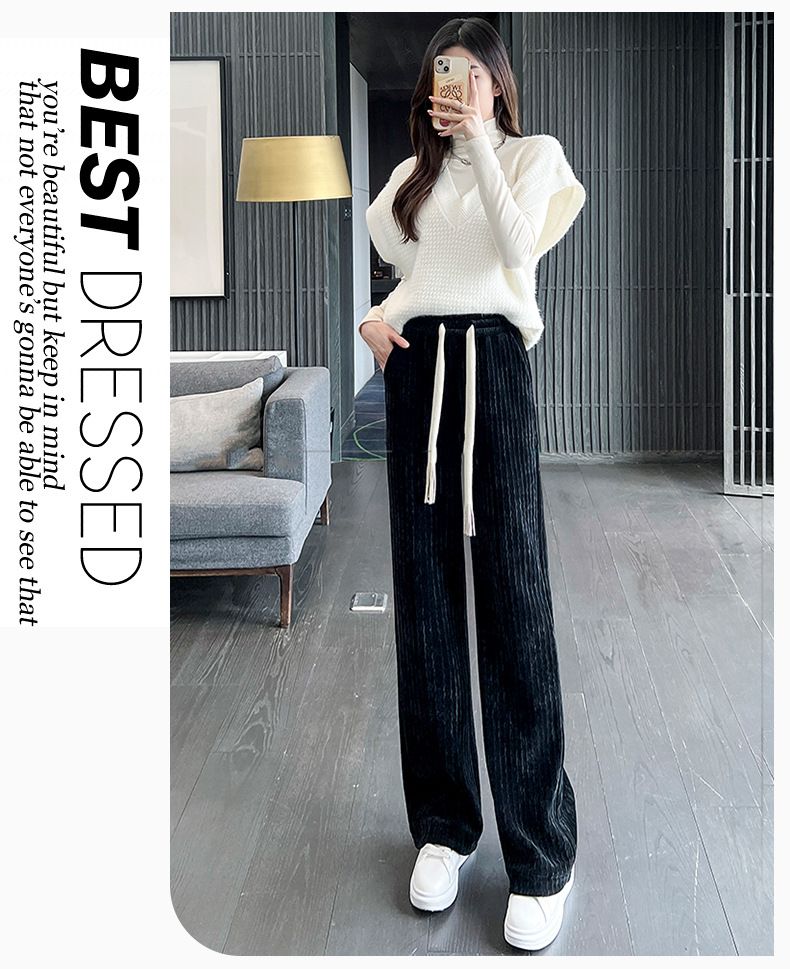 Pantaloni da donna a gamba larga in velluto a coste e ciniglia - Vita alta, taglio dritto con fodera in morbido pile, pantaloni invernali alla moda e comodi_voghion.com