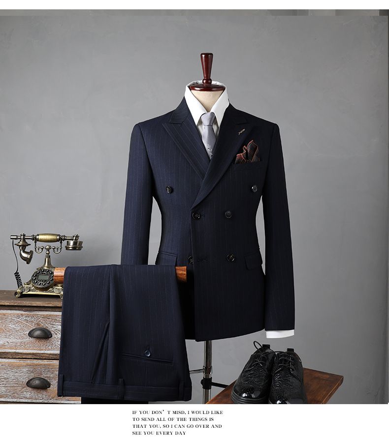 Herenkleding Dubbelrijs gestreept pakset - Slim fit bruiloft, zakelijk & sollicitatie formeel pak met vestopties (marineblauw/zwart/rookgrijs)_voghion.com