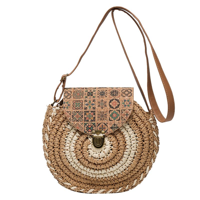 Runde Stroh Strandtasche Vintage handgefertigt gewebt Schultertaschen Bast Kreis Rattan Bohemian Sommer Urlaub Diagonal Pack_voghion.com