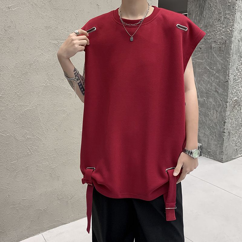 High Street Sleeveless T-shirt With Small Neckline Design, Camisole, Men's Trendy Summer American Short Sleeved Shirt_voghion.com