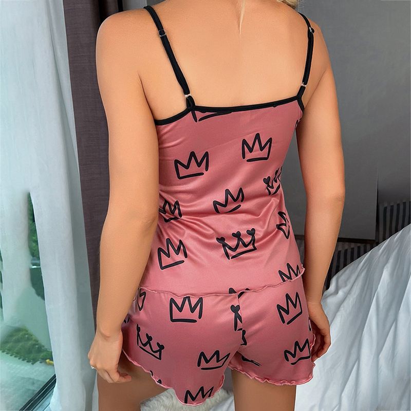 Ensemble pyjama deux pièces en soie glacée pour femme, short caraco sexy, vêtements de détente, blocs de couleurs_voghion.com