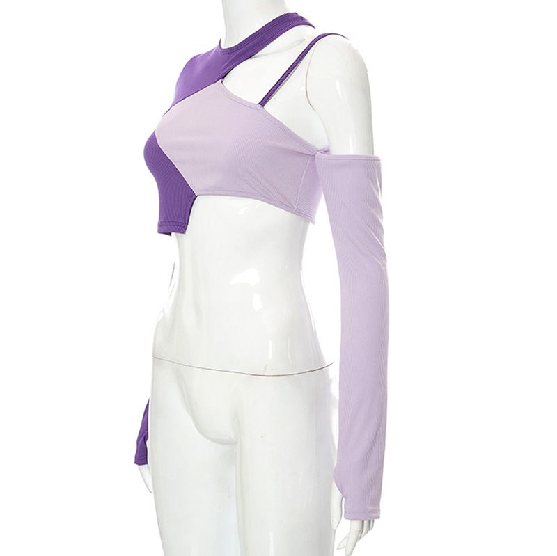 Abbigliamento Donna nuovo top monospalla con cuciture a contrasto a maniche lunghe con ombelico scoperto_voghion.com