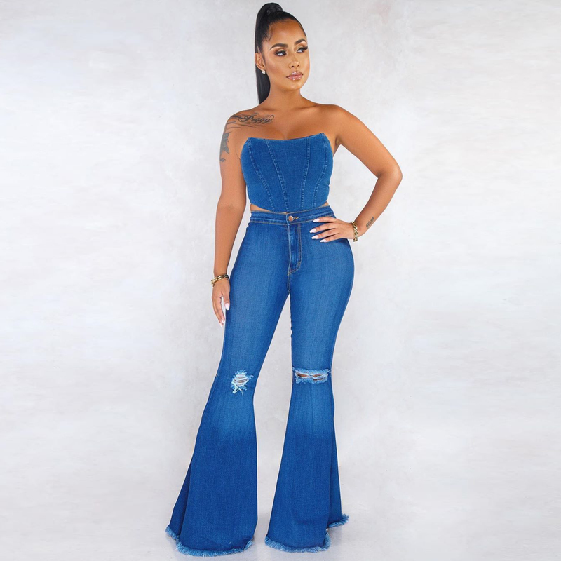 Női ruházat HSF2024-1 divatos, sokoldalú, bő szárú, térdig érő, farmer, bővülő, nyers szegélyű nadrág_voghion.com