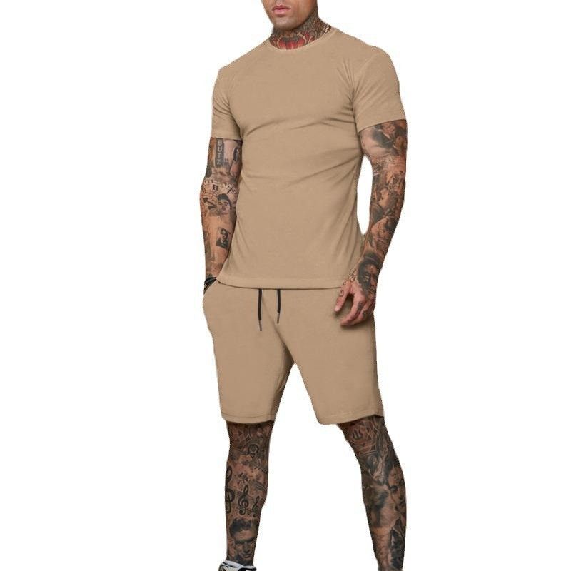 CT Hot Selling Solid Color T-Shirt + Five-Point Men's Summer Short Sleeve Shorts Set Breathable Style_voghion.com
