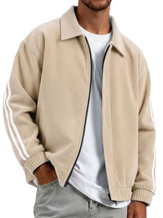 "Men's Corduroy & Polyester Zip-Up Jacket – Ribbed Collar, Relaxed Fit, Windproof Casual Coat (S-4XL, 10 Colors, Business-to-Street Style)"_voghion.com
