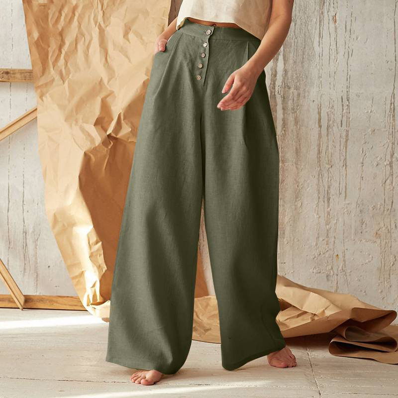 Pantaloni a gamba larga in cotone e lino con bottoni casual a vita alta tinta unita da donna_voghion.com