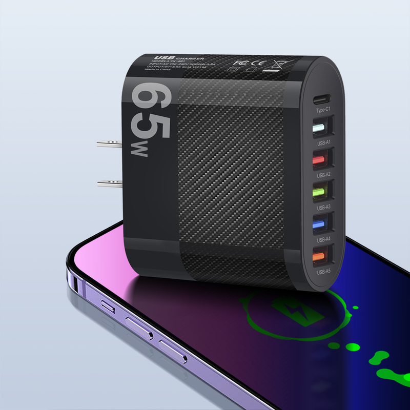 Music Festival Standard 65W 5USB+Type-c mobile phone charger multi interface charging head British plug_voghion.com