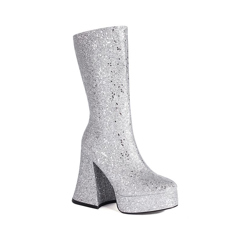 2023 New Square Toe High Chunky Sequin Flare Heel Fashion Mid-Calf Boots Street Performance Shoes Plus Size_voghion.com